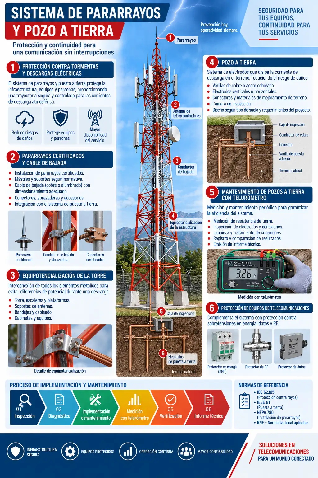 Detalle técnico — Sistema de pararrayos y pozo a tierra
